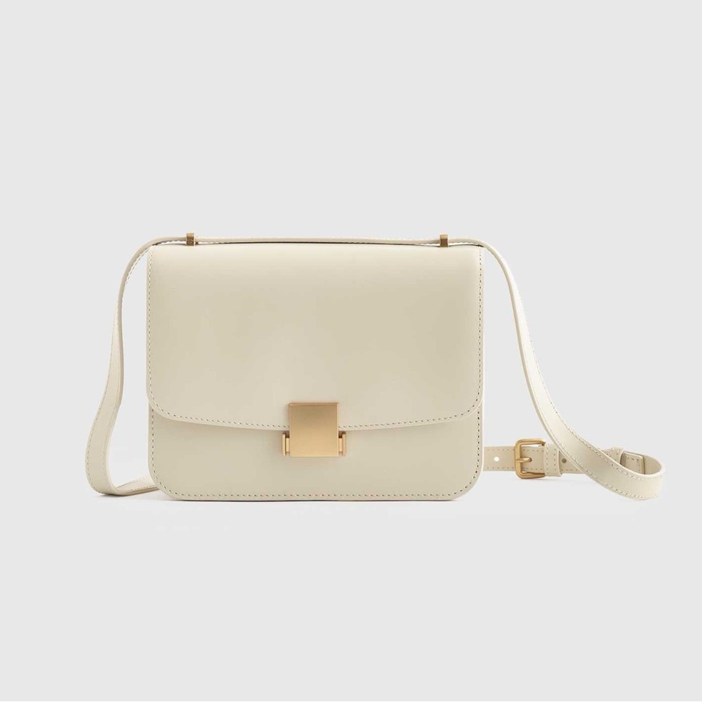 Italian Leather Box Cream Shoulder Bag